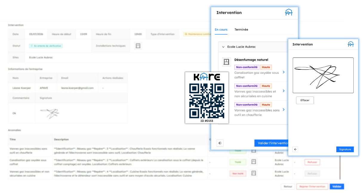 Interface de gestion des interventions avec suivi des anomalies, signature électronique et validation de l'intervention