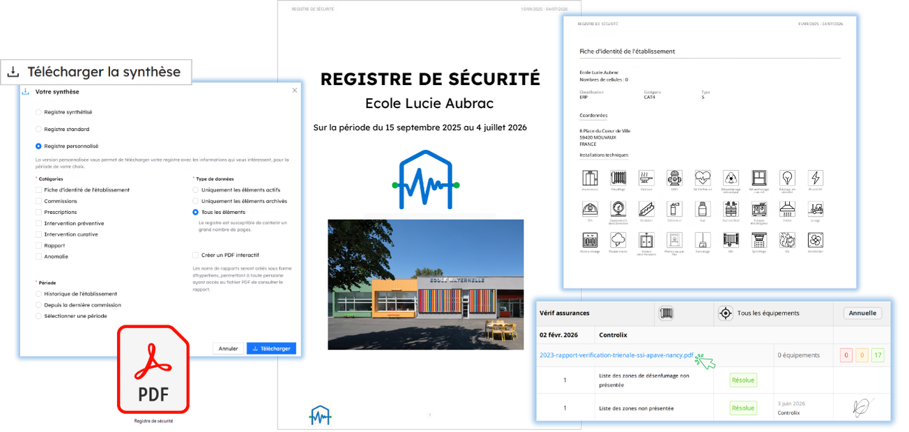 Dématérialisation du registre de sécurité complet de votre établissement au format PDF, exportable rapidement au préventionniste